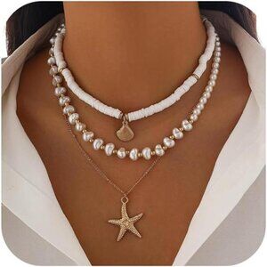 Shell Necklace for Women Trendy Layered Starfish Necklace White Seashell